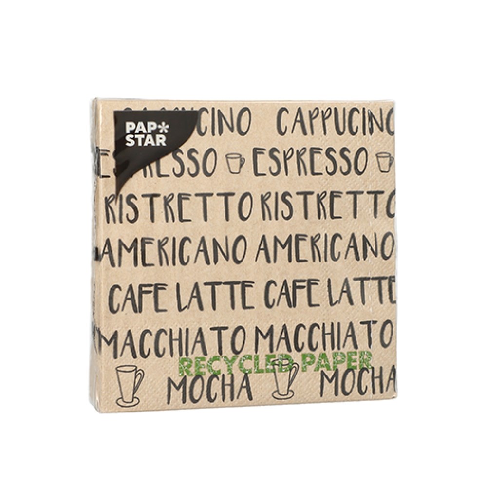 20 Servietten, 3-lagig 1/4-Falz 25 cm x 25 cm natur "Coffee Specialities" aus recyceltem Papier