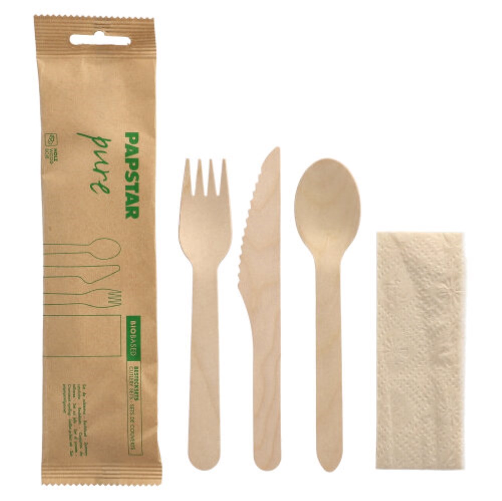 50 Bestecksets, Holz "pure" : Messer, Gabel, Löffel, Serviette in Papierbeutel