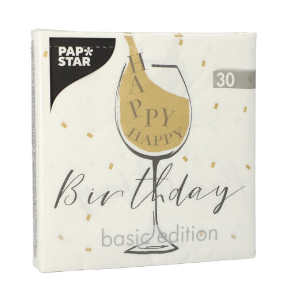 30 Servietten, 3-lagig 1/4-Falz 33 cm x 33 cm weiss "Happy Birthday"