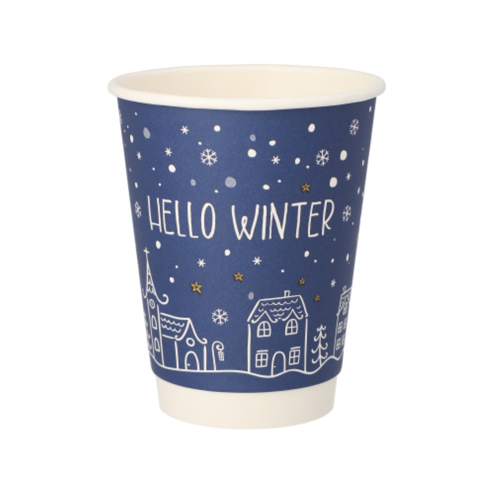 25 Trinkbecher, Pappe 0,3 l Ø 9 cm · 11,2 cm blau "Hello Winter" doppelwandig