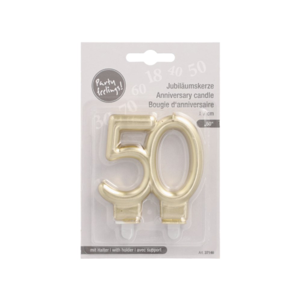 Jubiläumskerzen mit Halter 7 cm gold "50"