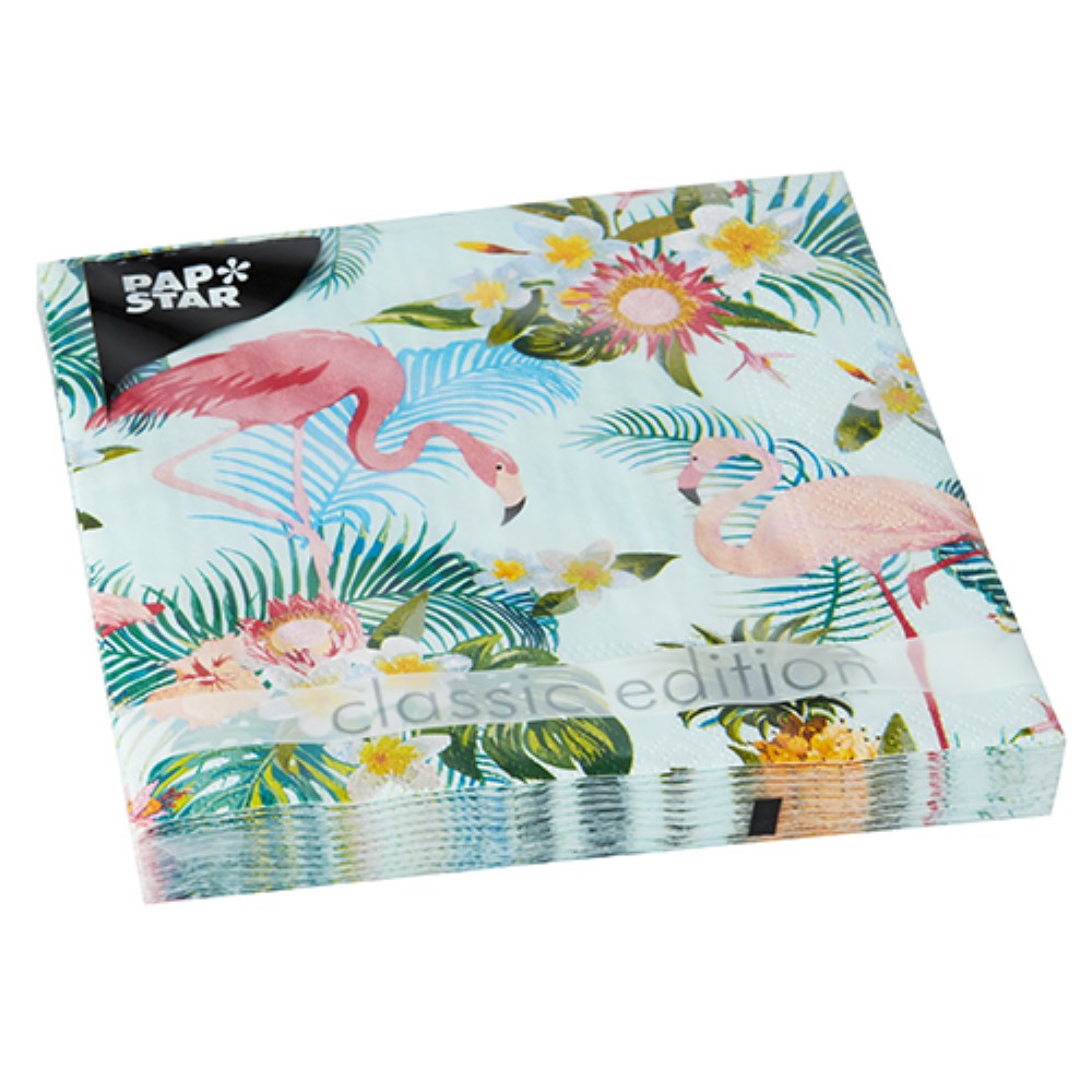 20 Servietten, 3-lagig 1/4-Falz 33 cm x 33 cm "Exotic Flamingos"
