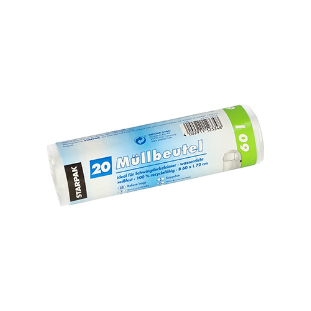 20 Müllbeutel, HDPE 60 l 72 cm x 60 cm transparent 10 my