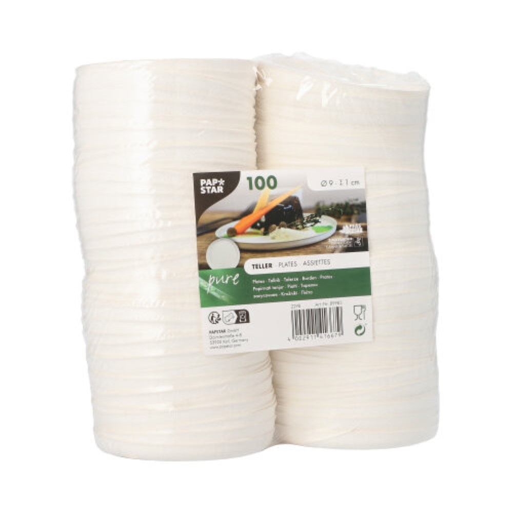 100 Teller Zuckerrohr "pure" rund Ø 9 cm · 1 cm weiss "Cella" 100 Teller Zuckerrohr "pure" rund Ø 9 cm · 1 cm weiss "Cella"