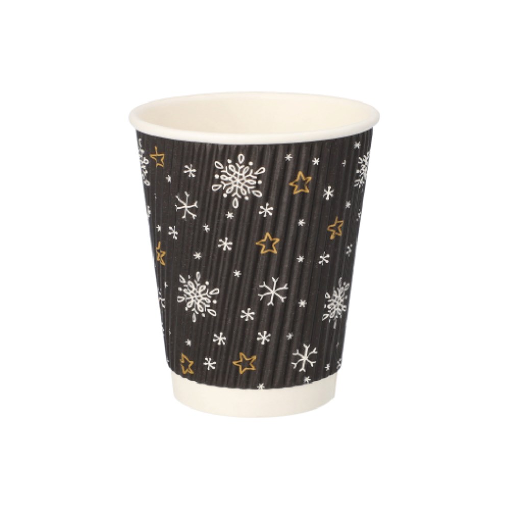25 Trinkbecher, Pappe 0,2 l Ø 8 cm · 9 cm schwarz "Stars & Snowflakes" Ripple Wall