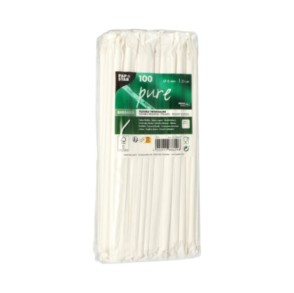 100 Trinkhalme, flexibel, Papier "pure" Ø 6 mm · 20 cm weiss einzeln gehüllt