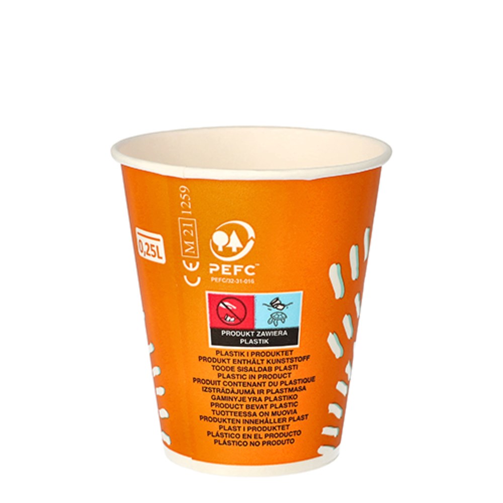 100 Trinkbecher für Kaltgetränke, Pappe 0,25 l Ø 8,97 cm · 10 cm orange "Rays"