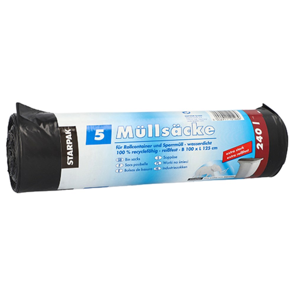 5 Müllsäcke, LDPE 240 l 125 cm x 100 cm schwarz extra stark und extra reißfest, 60 my