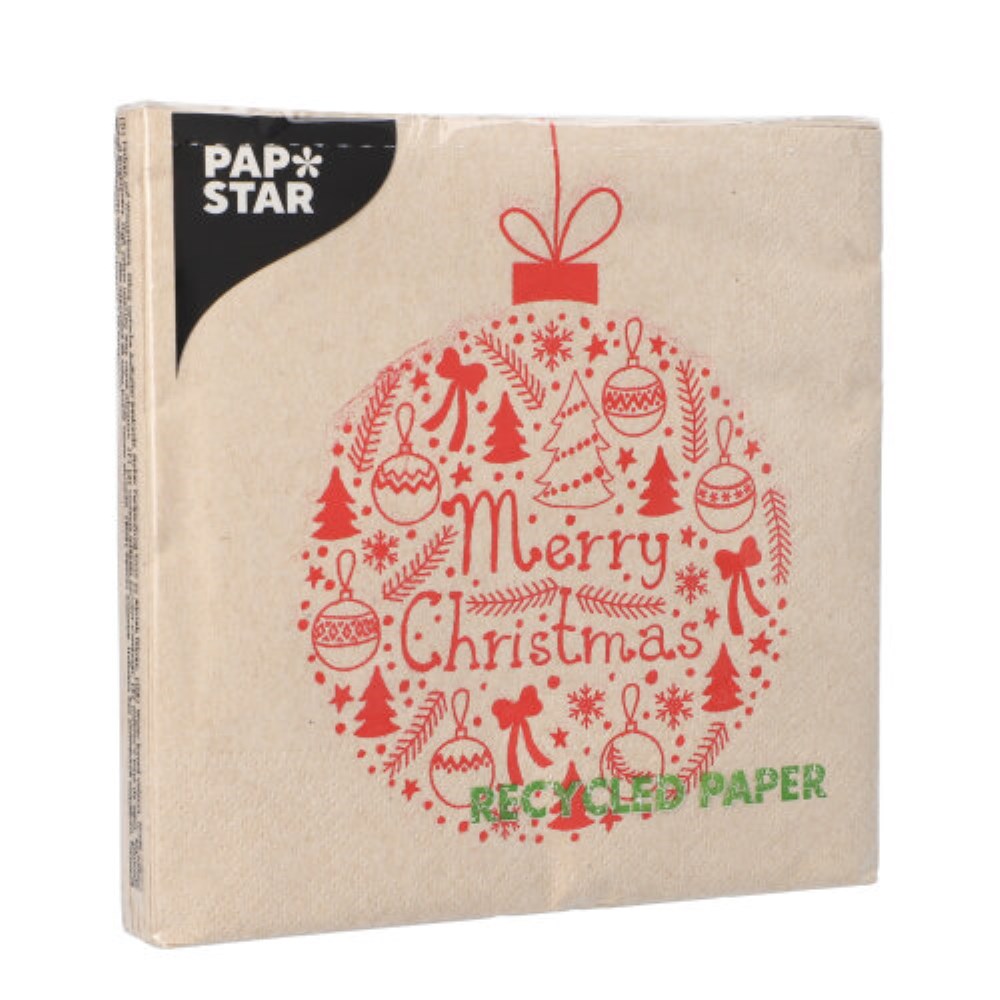 20 Servietten, 3-lagig 1/4-Falz 33 cm x 33 cm natur "Christmas Ball" aus recyceltem Papier