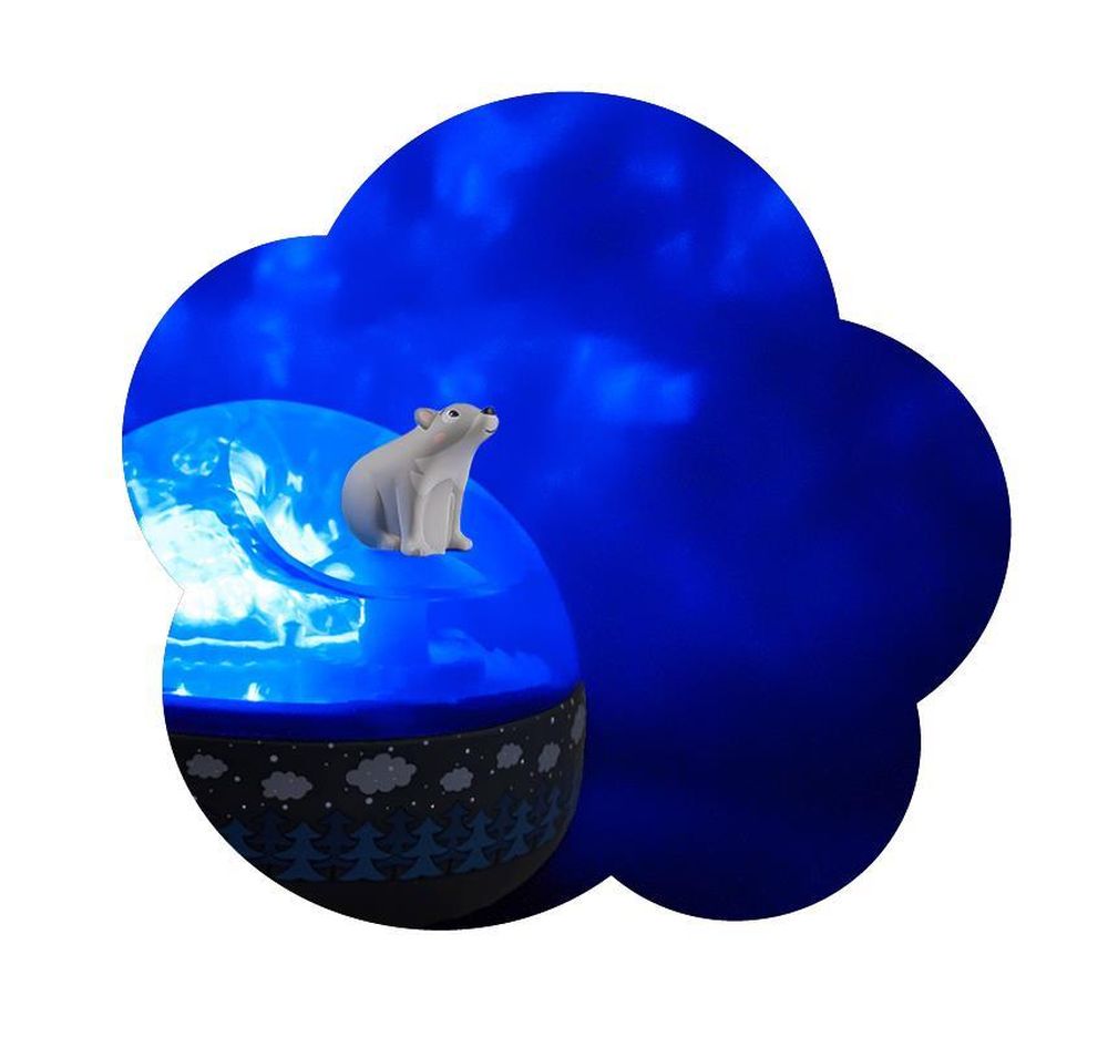 Bär auf der Bank - Nachtlicht - ideales Geburtsgeschenk - Polarlicht mit Musik - Rotierende Figur - Batterien inklusive