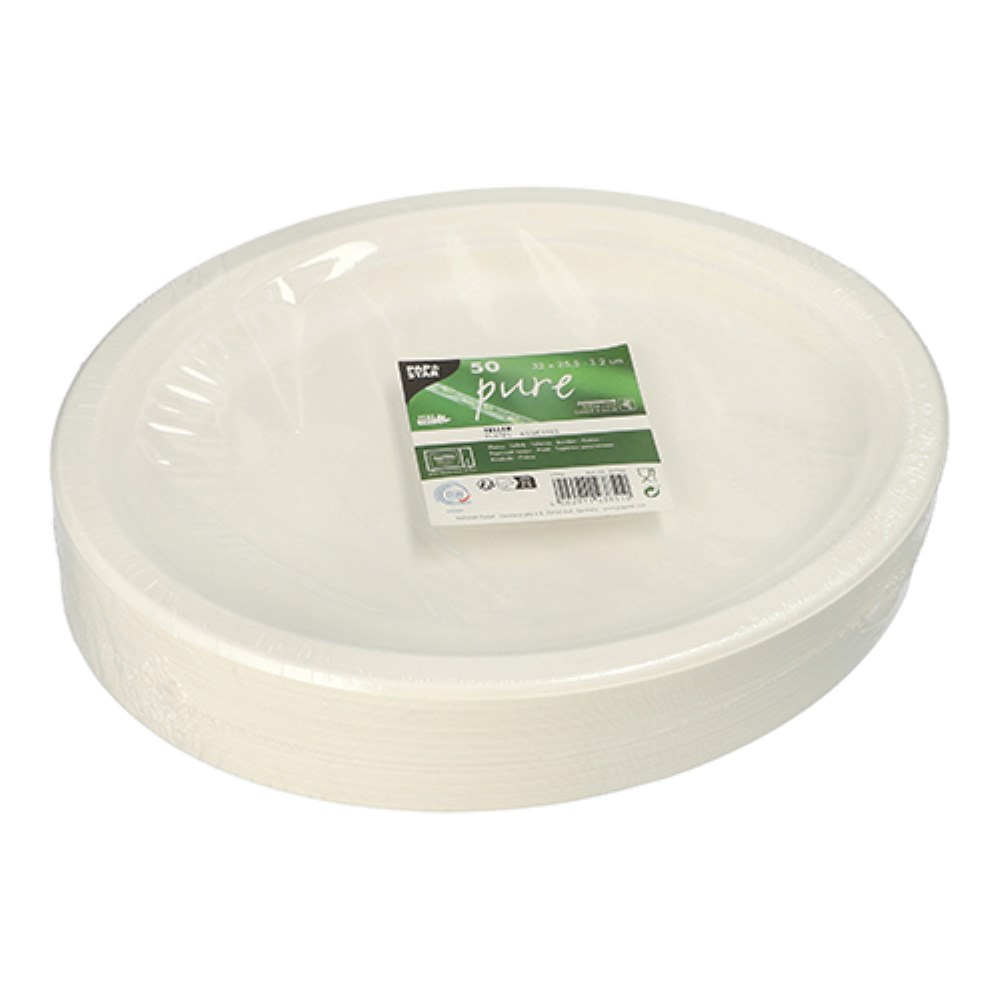 50 Teller, Zuckerrohr "pure" oval 32 cm x 25,5 cm x 2 cm weiss