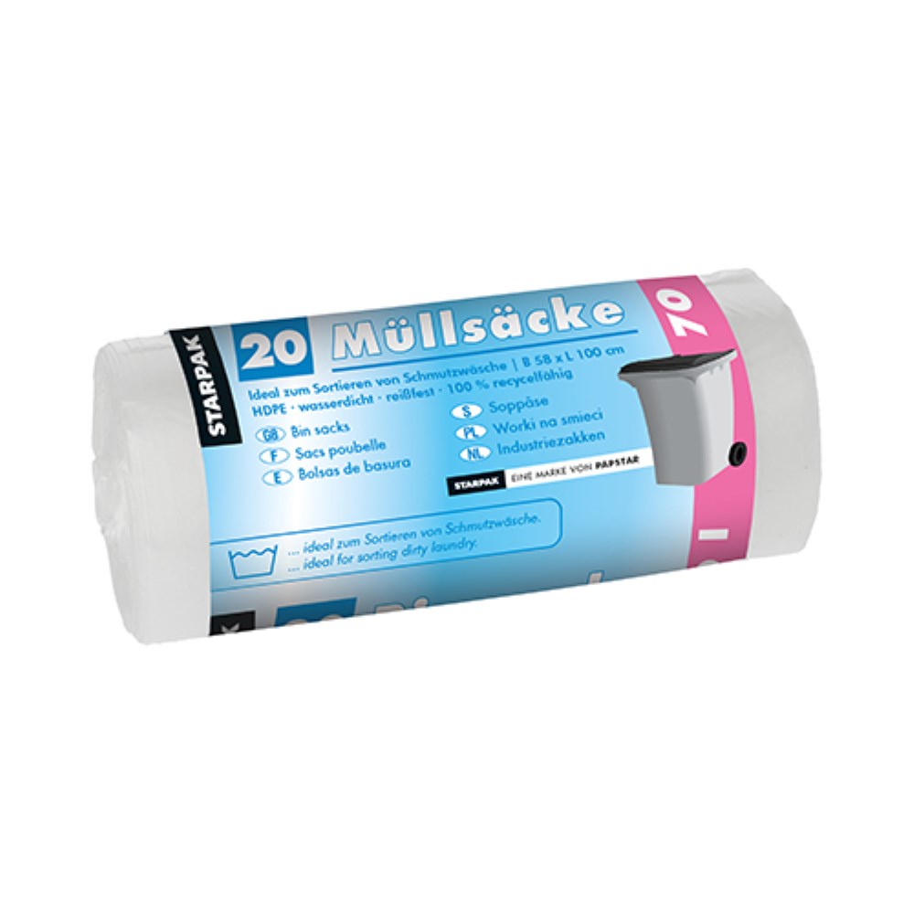 20 Müllsäcke, HDPE 70 l 100 cm x 58 cm transparent