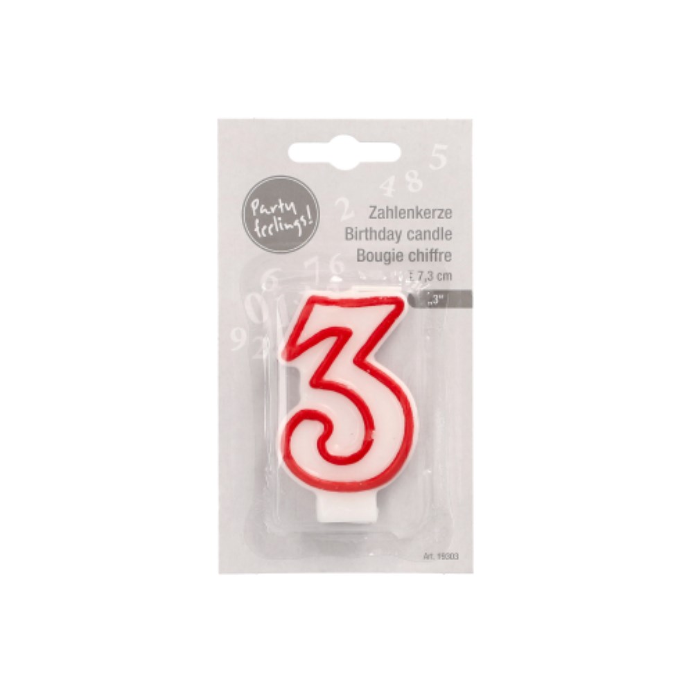 Zahlenkerze 7,3 cm weiss "3" mit rotem Rand