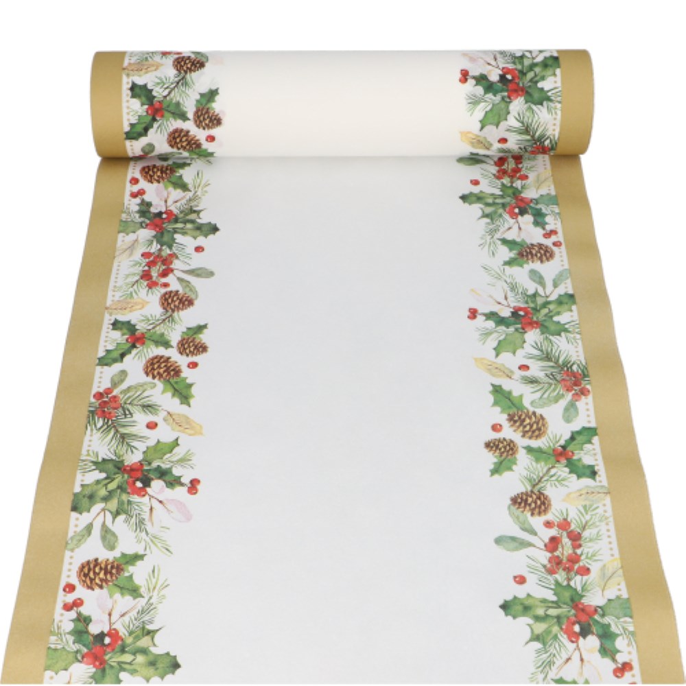 Tischläufer, stoffähnlich, Airlaid 24 m x 40 cm "Mistletoe and Pinecone"