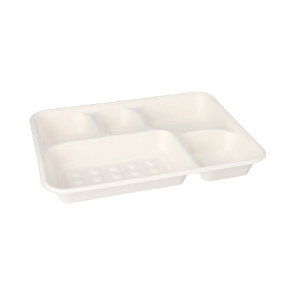 25 Menü-Trays, Zuckerrohr "pure" 5-geteilt 3,7 cm x 22 cm x 28,2 cm weiss