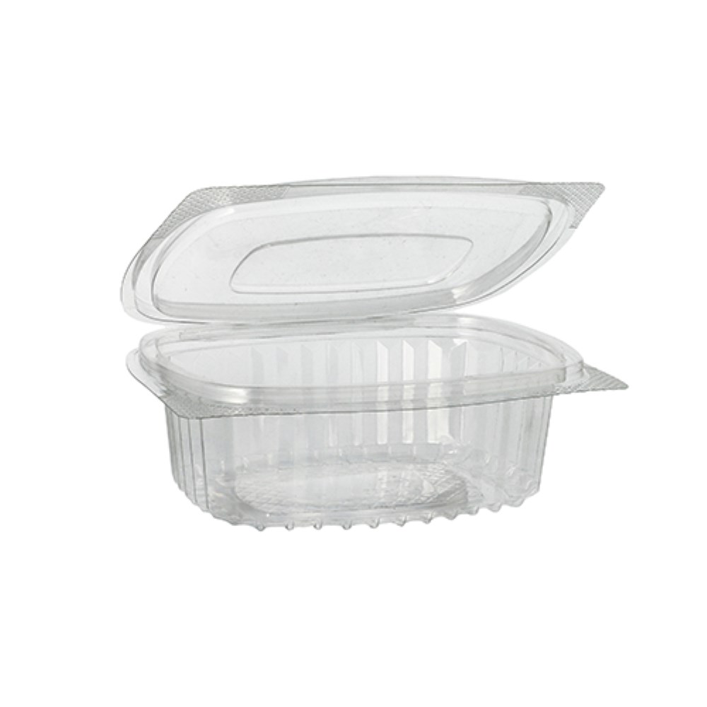 50 Feinkost- und Salatschalen mit Klappdeckel, R-PET oval 250 ml 4,3 cm x 10,6 cm x 13,3 cm klar