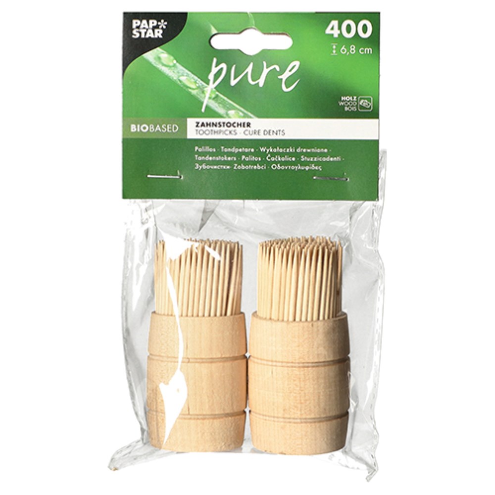 400 Zahnstocher, Holz "pure" rund 6,8 cm im Spender aus Holz