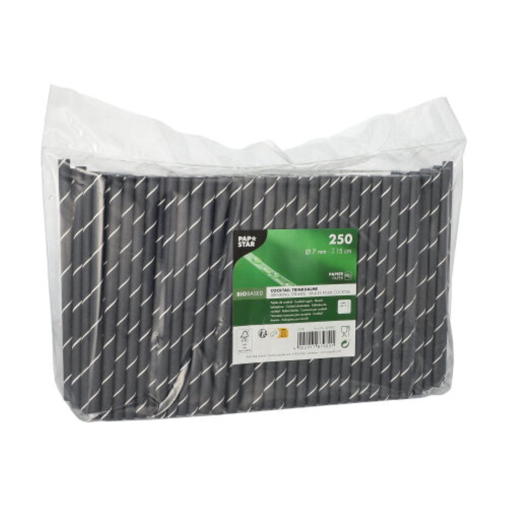 250 Cocktail Trinkhalme, Papier Ø 7 mm · 15 cm schwarz/weiss "Stripes"