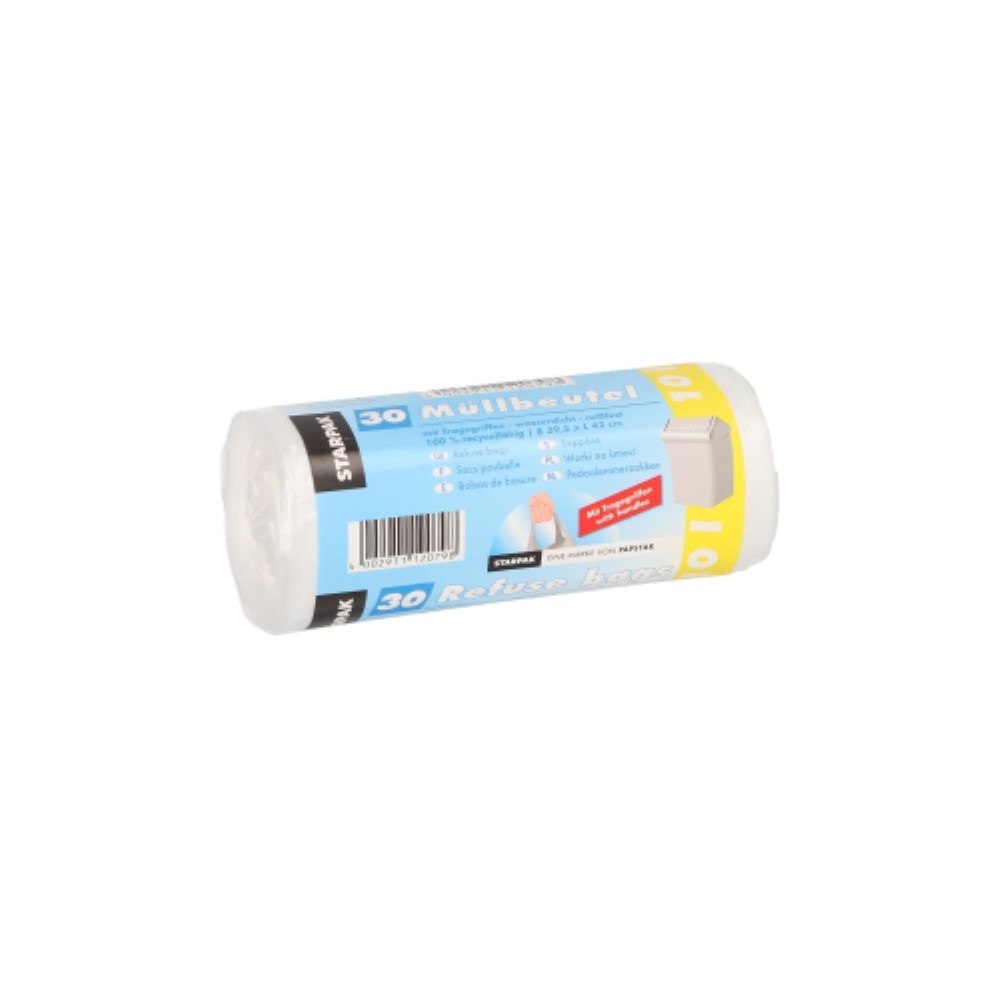 30 Müllbeutel mit Tragegriffen, HDPE 10 l 42 cm x 39,5 cm transparent 7 my