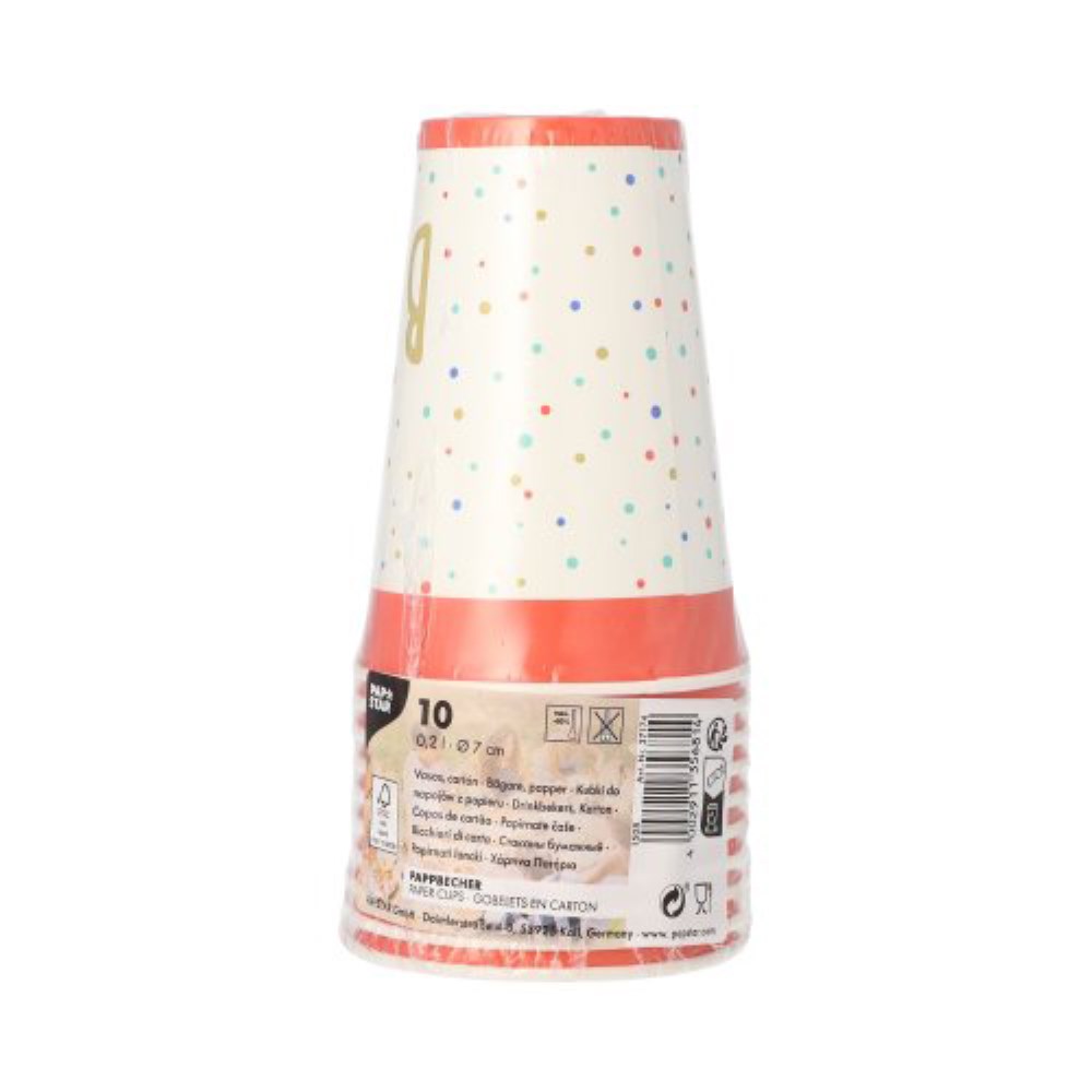 10 Trinkbecher, Pappe 0,2 l Ø 7 cm · 9,7 cm weiss "Happy Birthday"