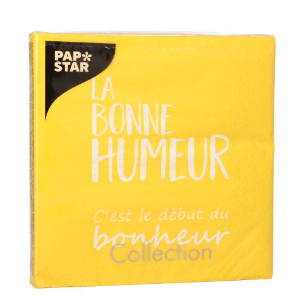 20 Servietten, 3-lagig 1/4-Falz 33 cm x 33 cm gelb "La Bonne Humeur"