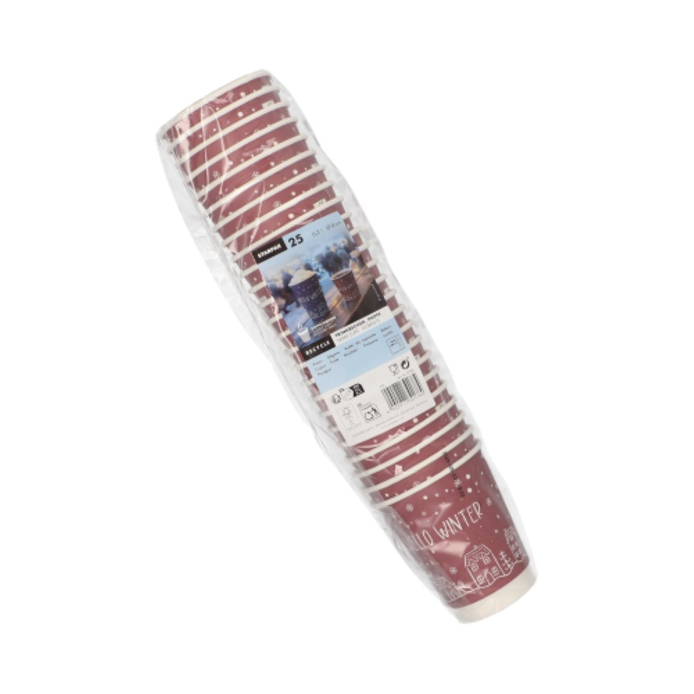 25 Trinkbecher, Pappe 0,2 l Ø 8 cm · 9,3 cm rot "Hello Winter" doppelwandig