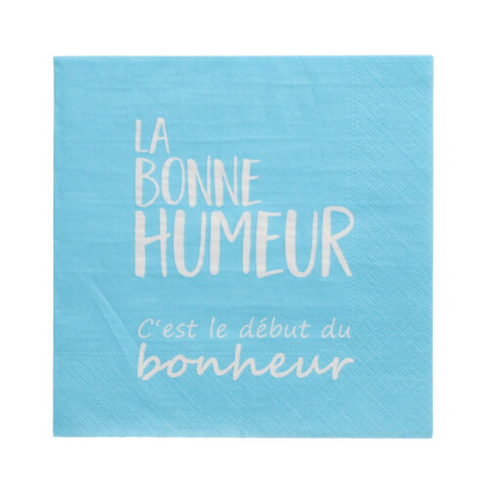 20 Servietten, 3-lagig 1/4-Falz 33 cm x 33 cm blau "La Bonne Humeur"