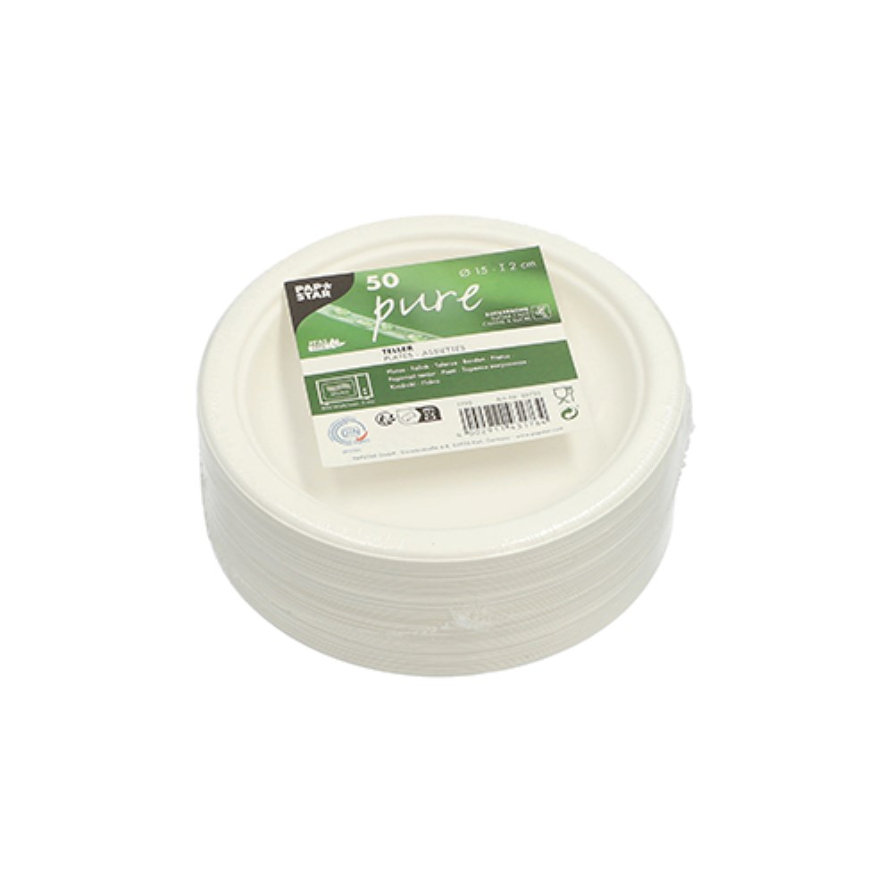 50 Teller, Zuckerrohr "pure" ungeteilt Ø 15 cm · 2 cm weiss
