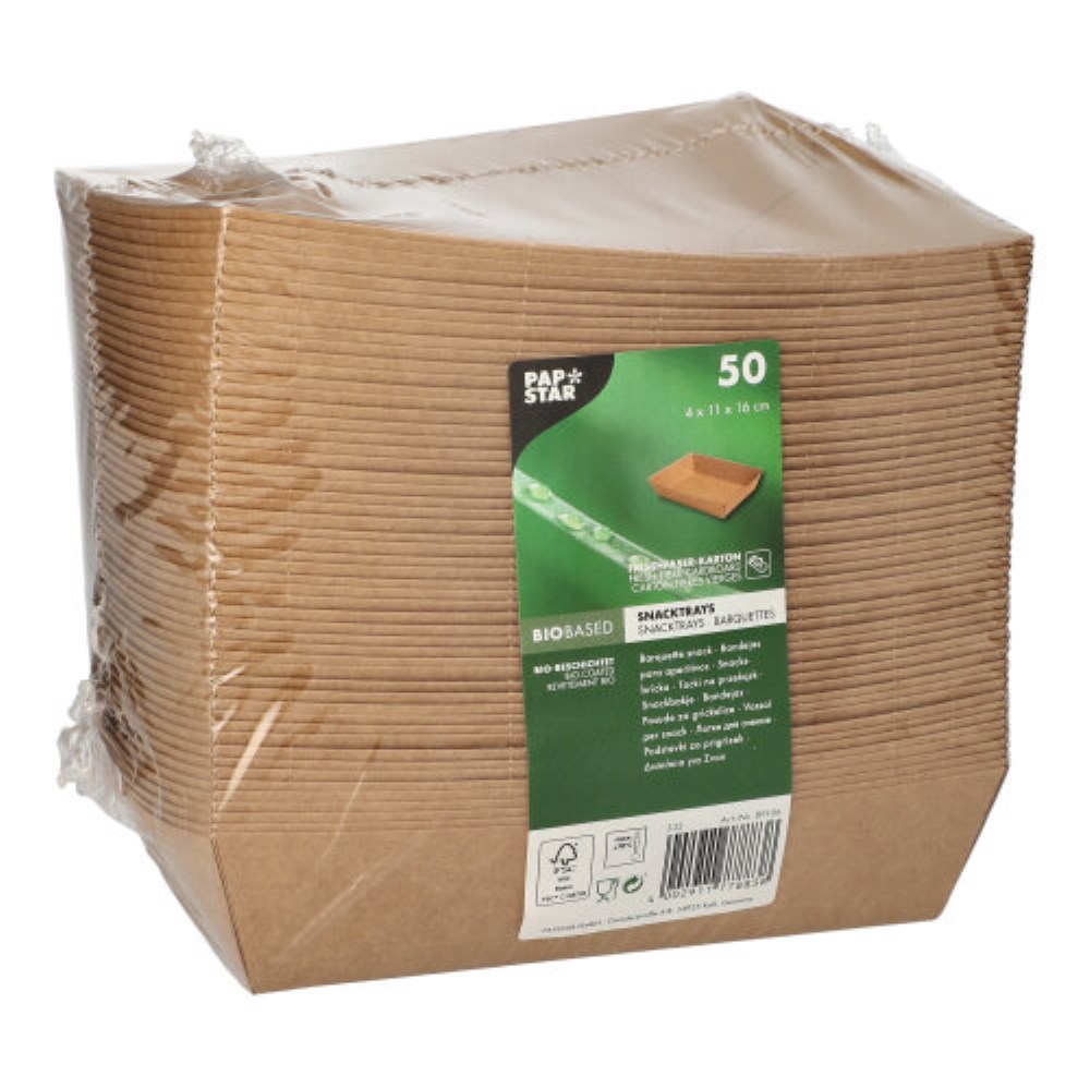 50 Snacktrays, Pappe "pure" 4 cm x 11 cm x 16 cm braun