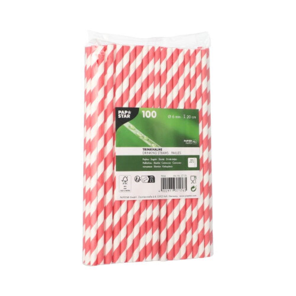 100 Trinkhalme Papier Ø 6 mm · 20 cm rot/weiss "Stripes"