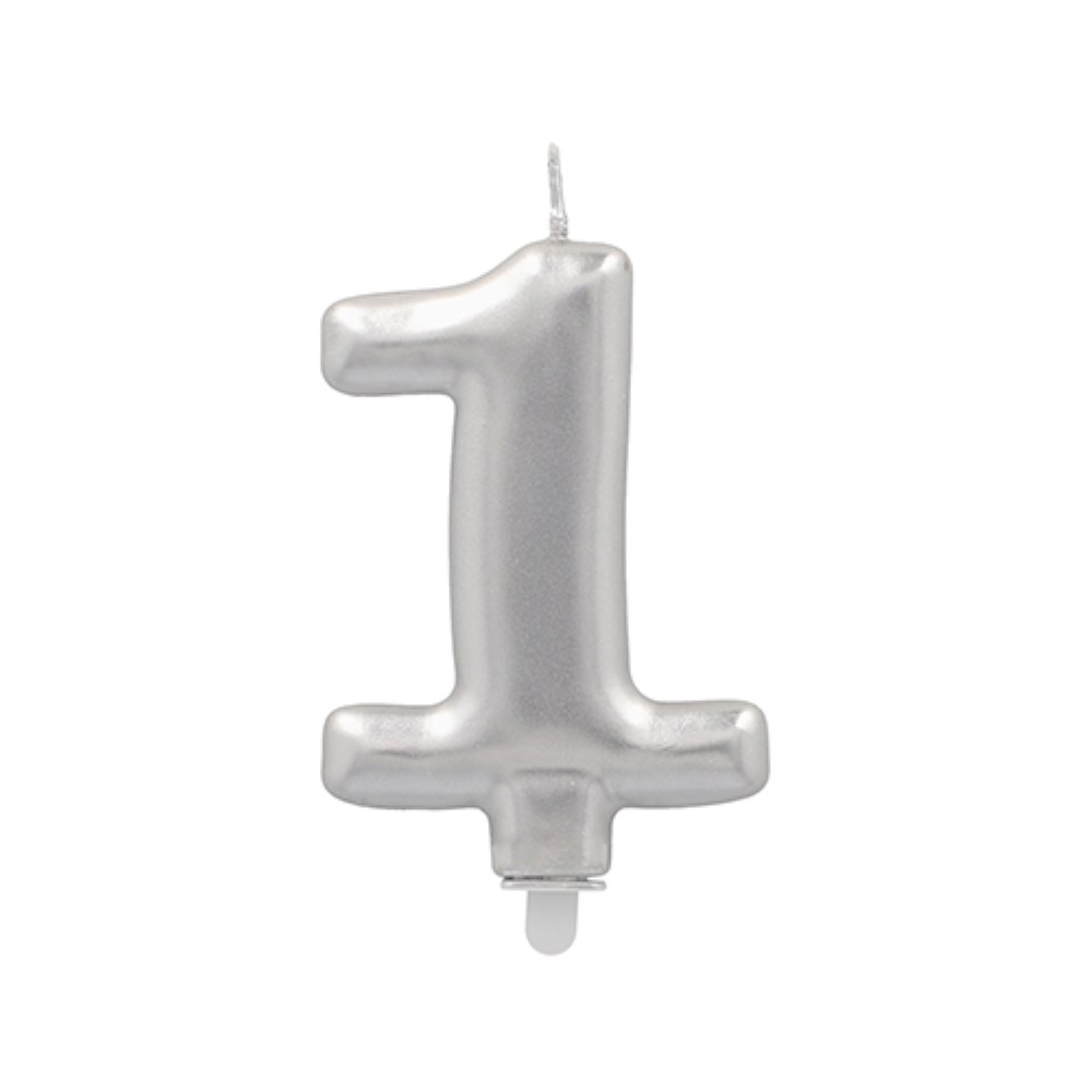 Zahlenkerze mit Halter 7 cm silber "1"