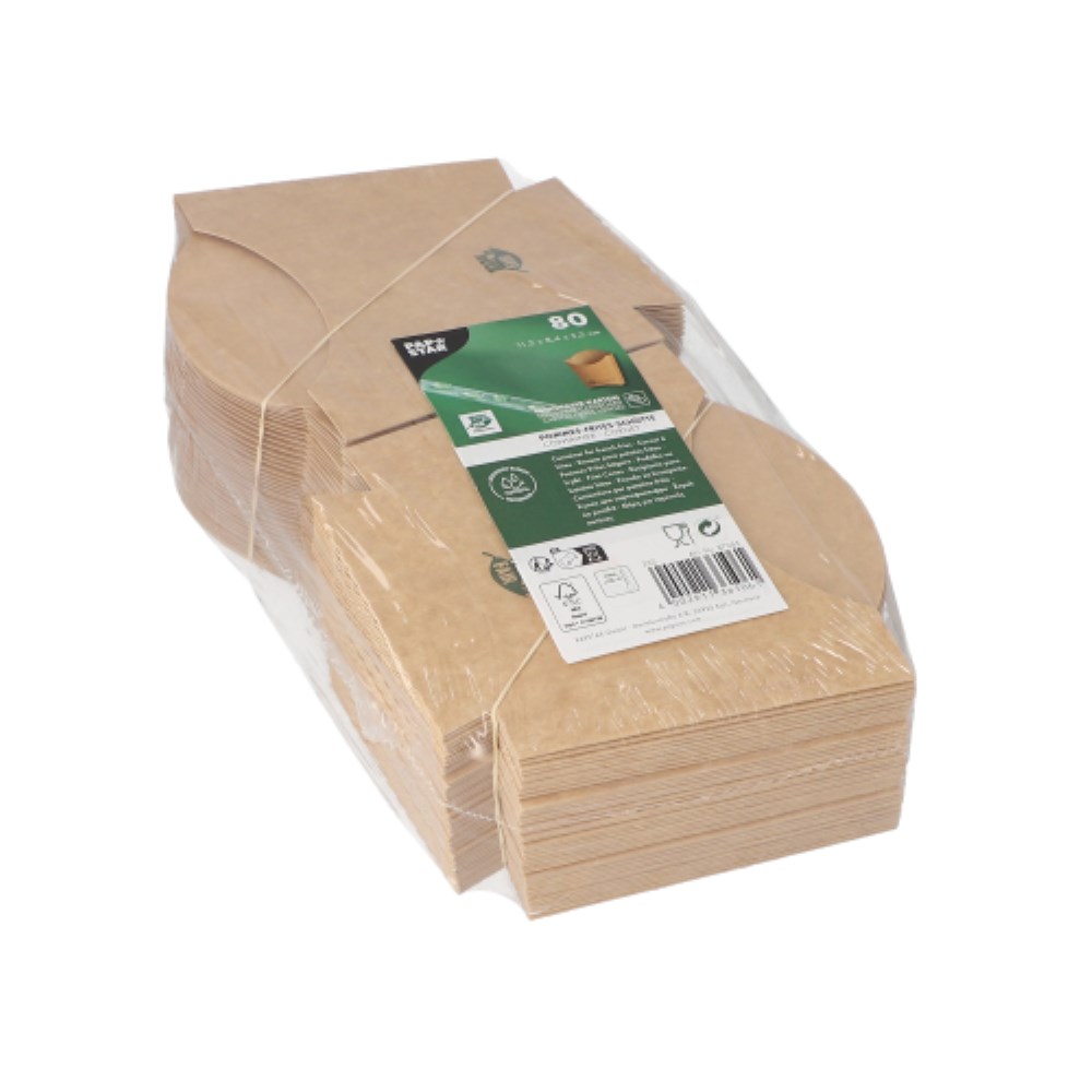 80 Pommes-Frites-Schütte, Pappe "pure" 11,2 cm x 8,4 cm x 5,2 cm braun "100% Fair" klein