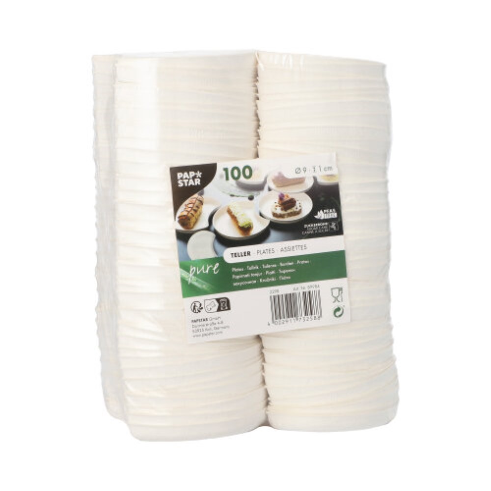 100 Teller Zuckerrohr "pure" Halbmond Ø 9 cm · 1 cm weiss "Cella"