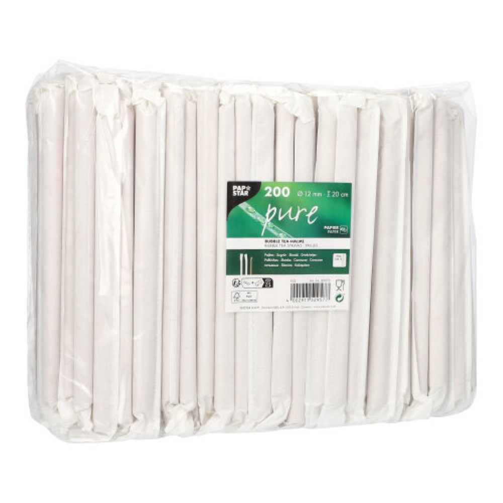 200 Bubble Tea Halme Papier "pure" Ø 12 mm · 20 cm braun einzeln gehüllt, einseitig spitz