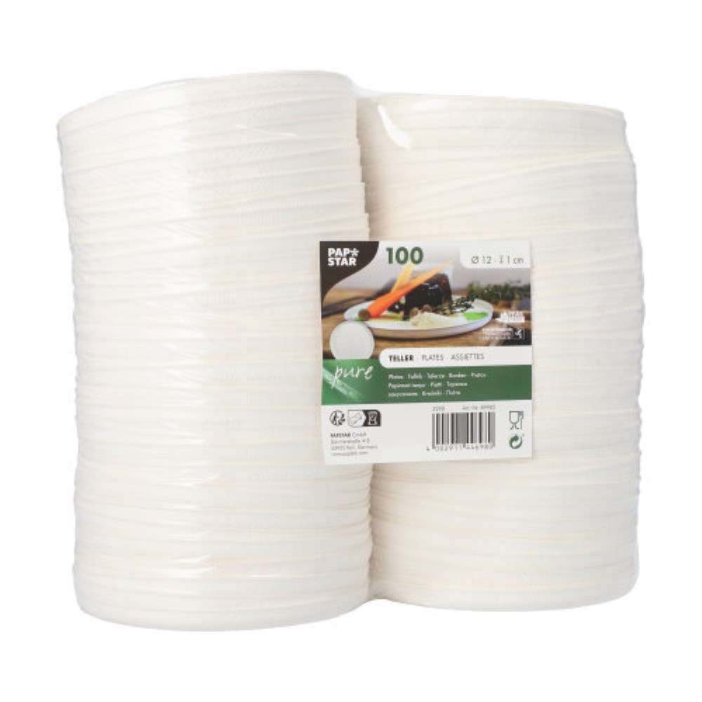 100 Teller Zuckerrohr "pure" rund Ø 12 cm · 1 cm weiss "Cella" 100 Teller Zuckerrohr "pure" rund Ø 12 cm · 1 cm weiss "Cella"