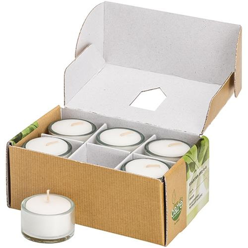 Starter Set Teelichte Ø 44 mm · 30 mm weiss in Glas, 18-teilig (6 Gl. + 12 Kz.)