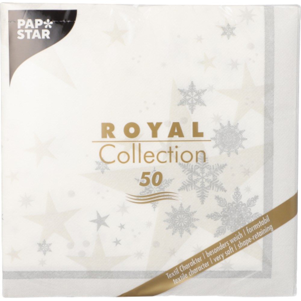 50 Servietten "ROYAL Collection" 1/4-Falz 40 cm x 40 cm weiss "Stars and Snowflakes"