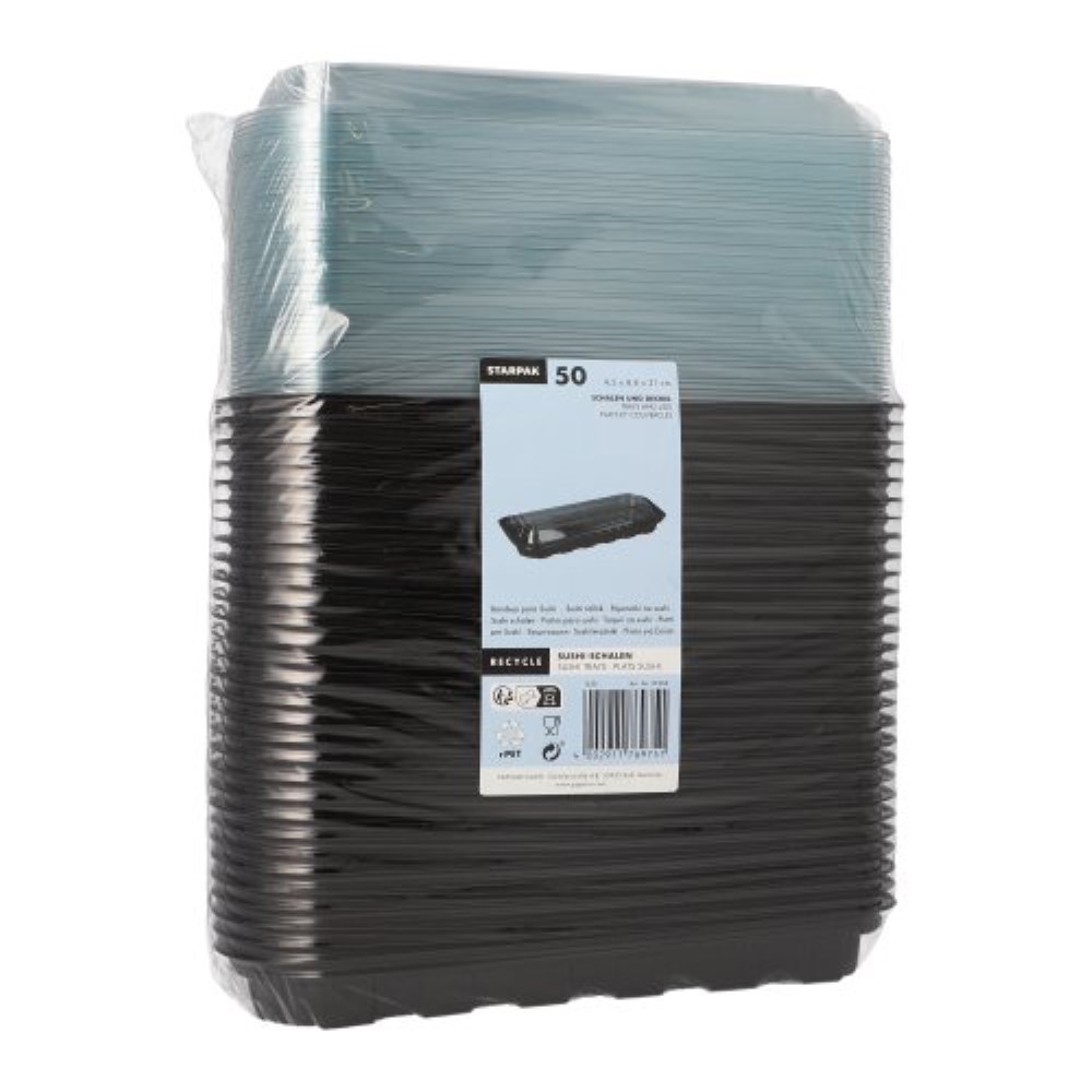 50 Sushi-Schalen R-PET rechteckig 21 cm x 8,8 cm x 4,3 cm schwarz mit transparentem Deckel