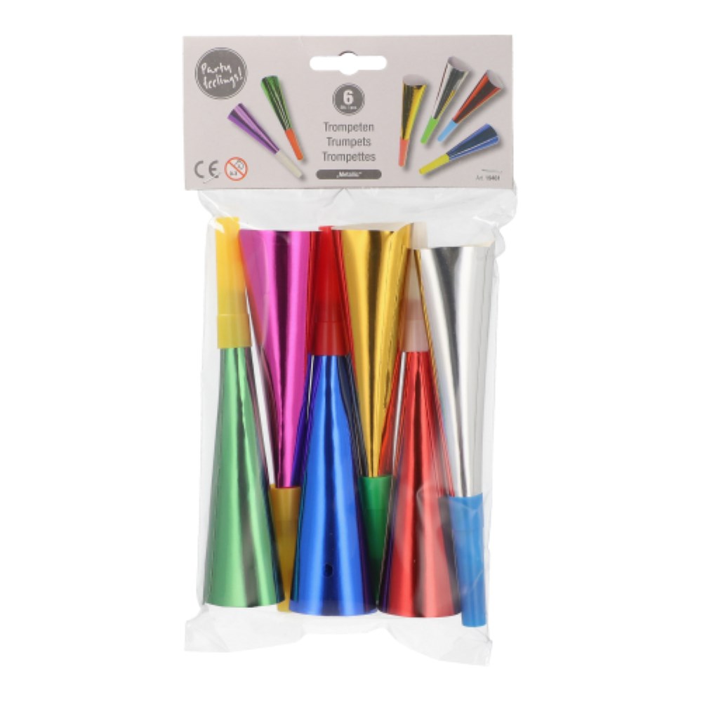 6 Trompeten 18 cm farbig sortiert "Metallic"