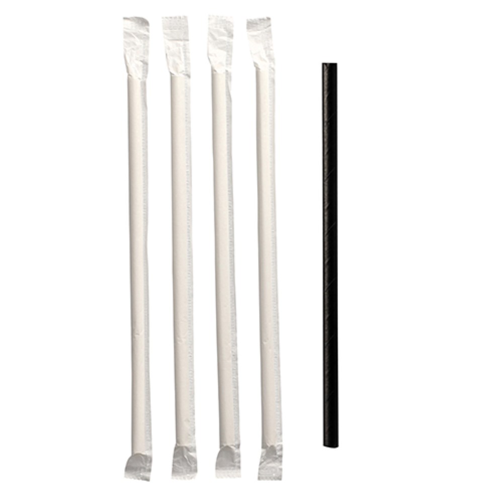 100 Trinkhalme, Papier Ø 6 mm · 20 cm schwarz einzeln gehüllt