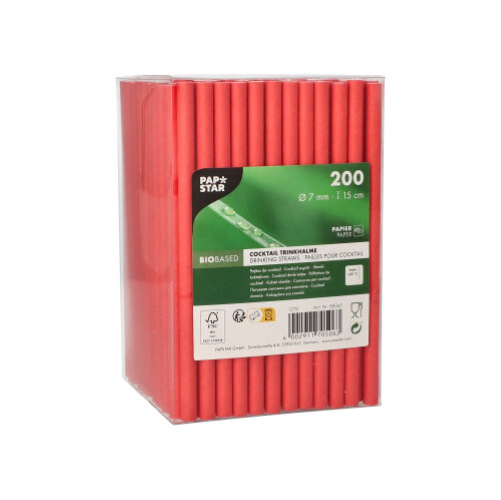 200 Cocktail Trinkhalme, Papier Ø 7 mm · 15 cm rot