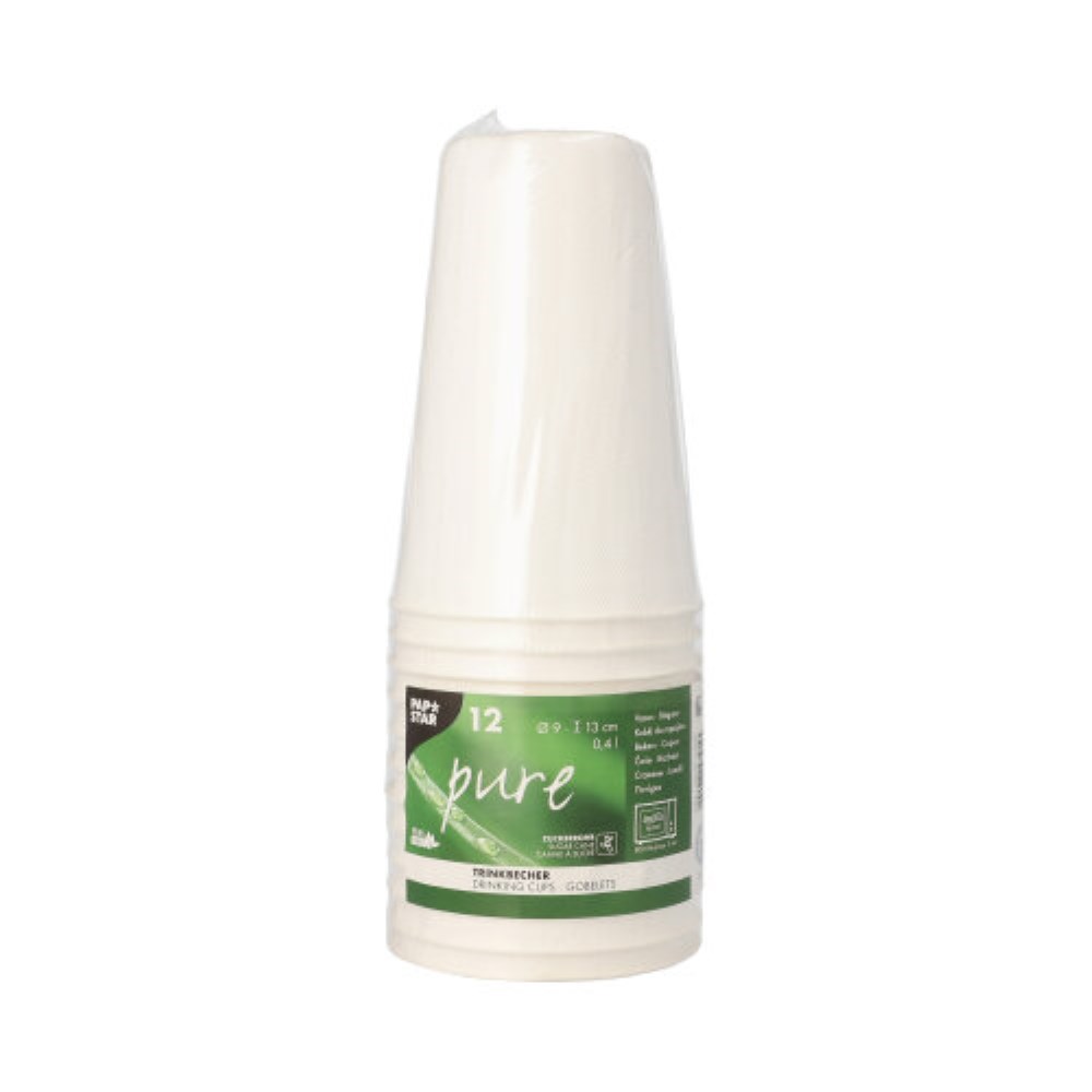 12 Trinkbecher Zuckerrohr "pure" 0,4 l Ø 9 cm · 13 cm weiss für Heißgetränke