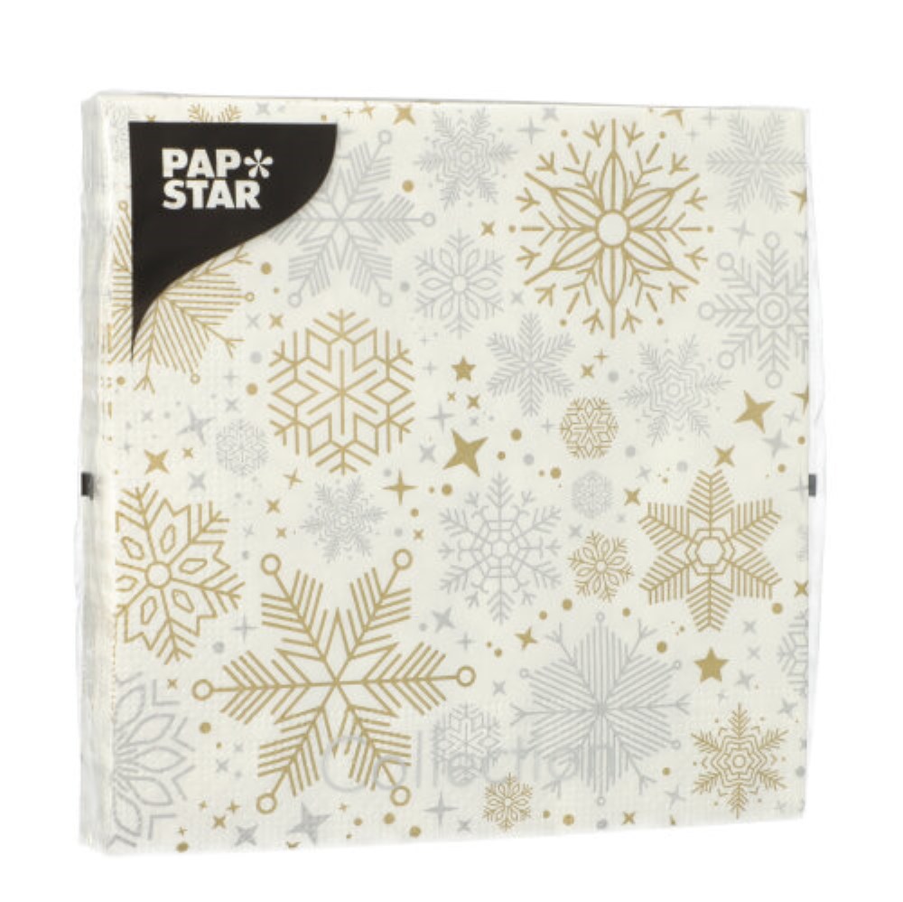20 Servietten, 3-lagig 1/4-Falz 33 cm x 33 cm silber/gold "Flocons"