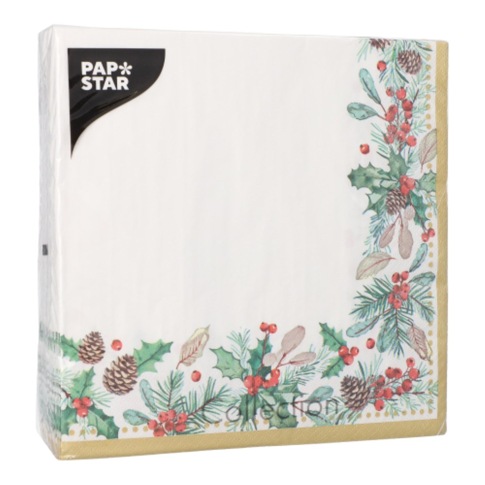 50 Servietten, 3-lagig 1/4-Falz 40 cm x 40 cm "Mistletoe and Pinecone"