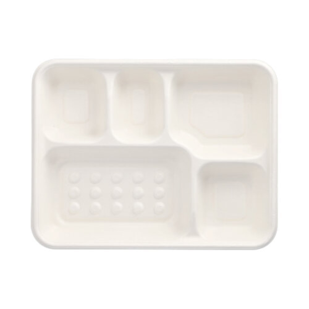 25 Menü-Trays, Zuckerrohr "pure" 5-geteilt 3,7 cm x 22 cm x 28,2 cm weiss