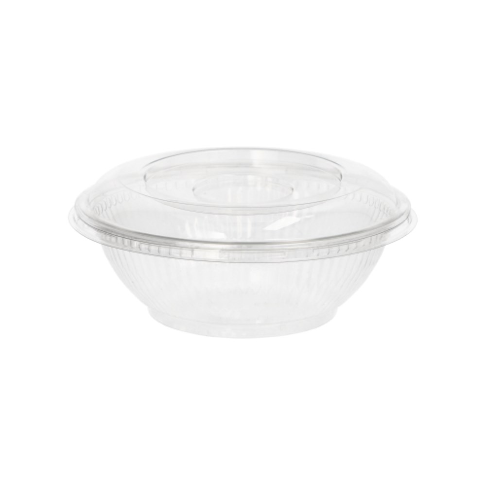 50 Salatschalen, R-PET rund 500 ml Ø 15,5 cm · 5,5 cm glasklar 50 Dom-Deckel, R-PET rund Ø 15,5 cm · 2,5 cm klar