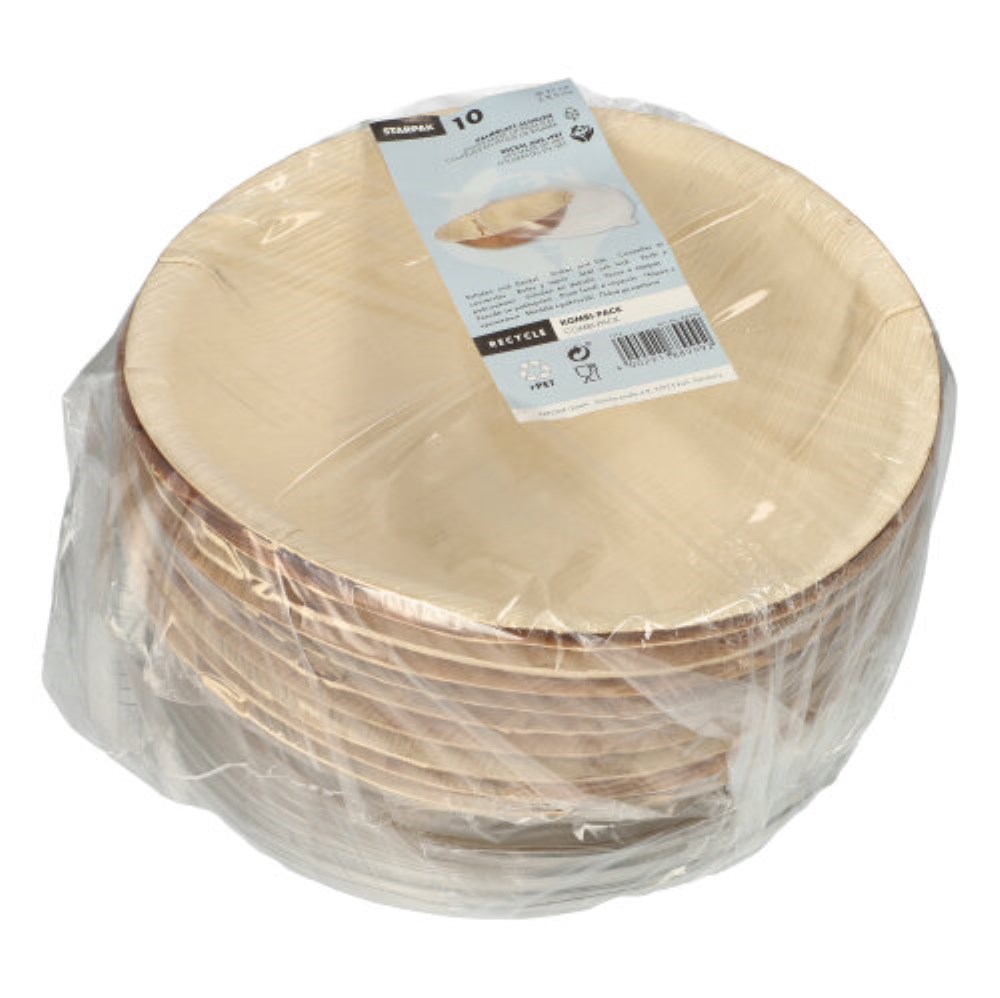 10 Schalen, Palmblatt rund 800 ml Ø 21 cm · 8,5 cm mit rPET Deckel "Kombipack"
