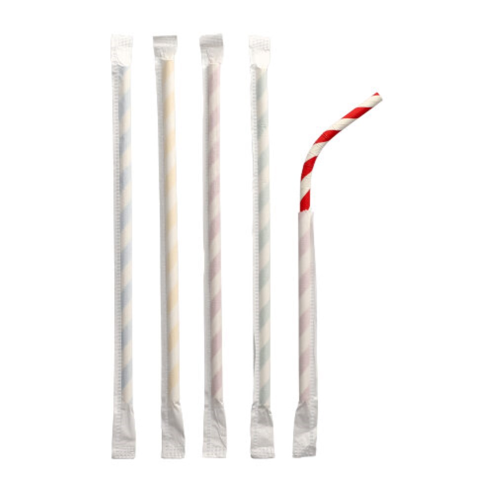100 Trinkhalme, flexibel, Papier Ø 6 mm · 20 cm rot/weiss "Stripes" einzeln gehüllt
