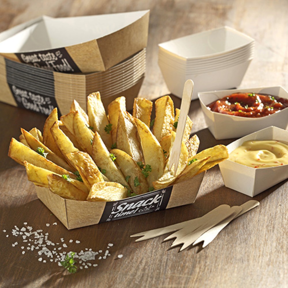 50 Pommes-Frites-Trays "pure" 3,8 cm x 8,5 cm x 15,5 cm "Good Food" extra groß