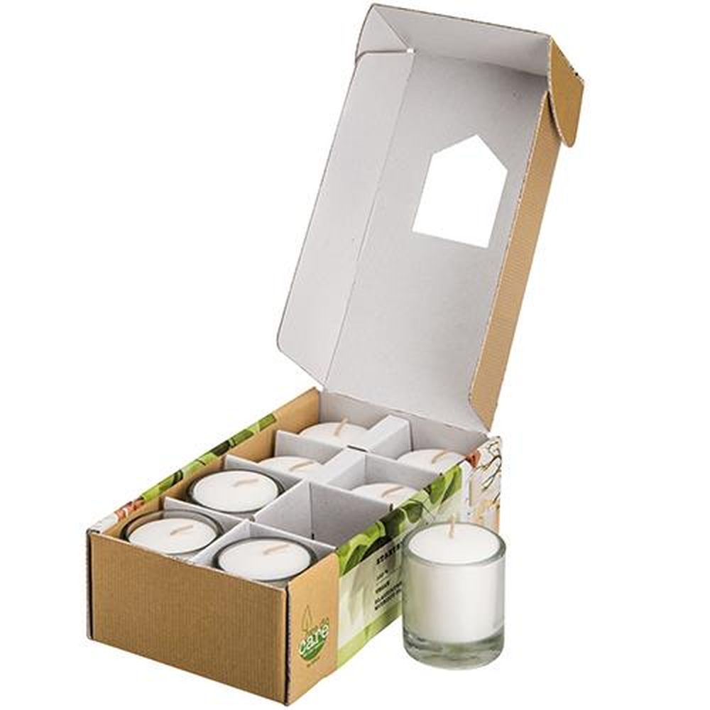 Starter Set Votive Ø 50 mm · 56 mm weiss in Glas, 12-teilig (4 Gl. + 8 Kz.)